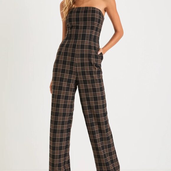 Lulus Sophisticated Mood Black Plaid Strapless Straight Leg Jumpsuit - Size XS - Picture 2 of 7